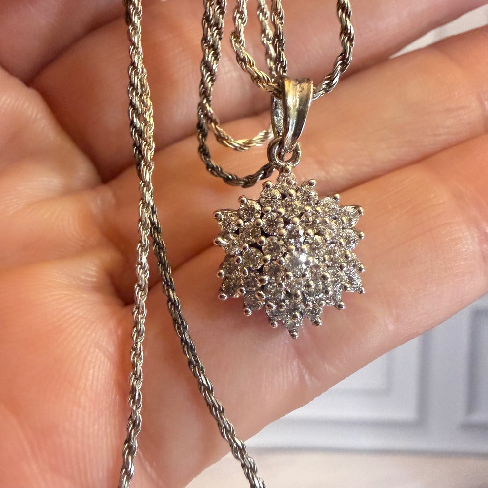 Vintage Sterling Silver Snowflake Pendant Necklace 925 Italy CZ Starburst 16"